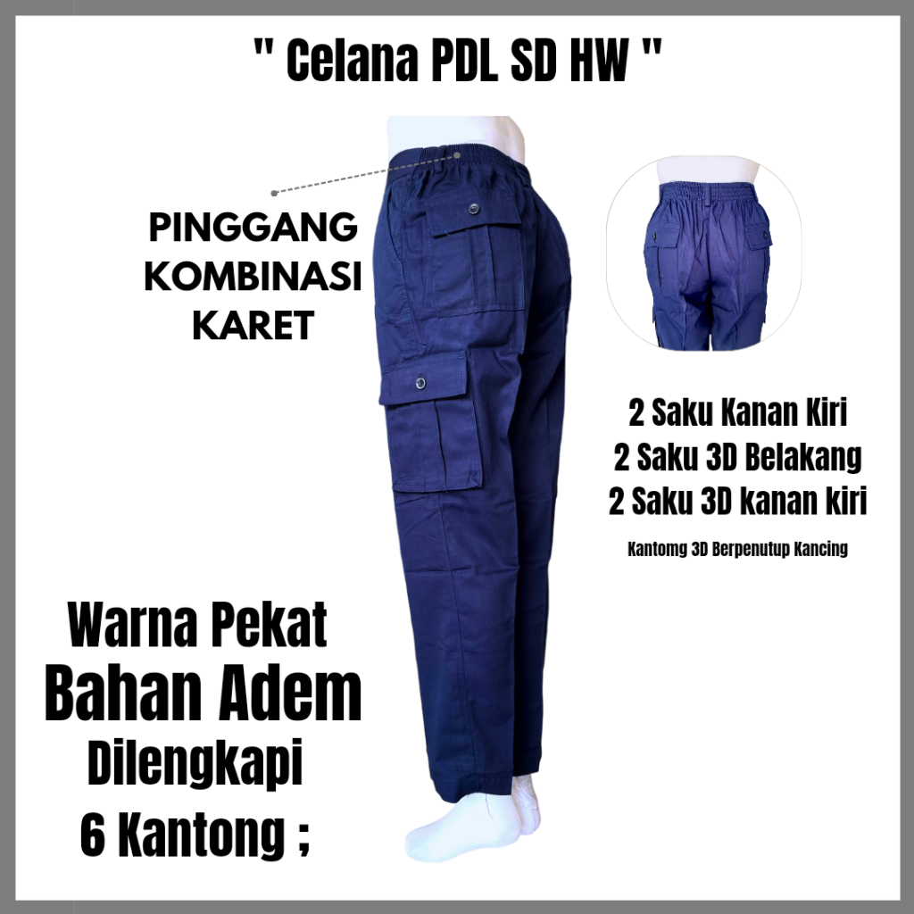 Celana Panjang Cargo PDL SD HW Muhammadiyah Biru Dongker Cowok dan Perempuan (Saku 6)
