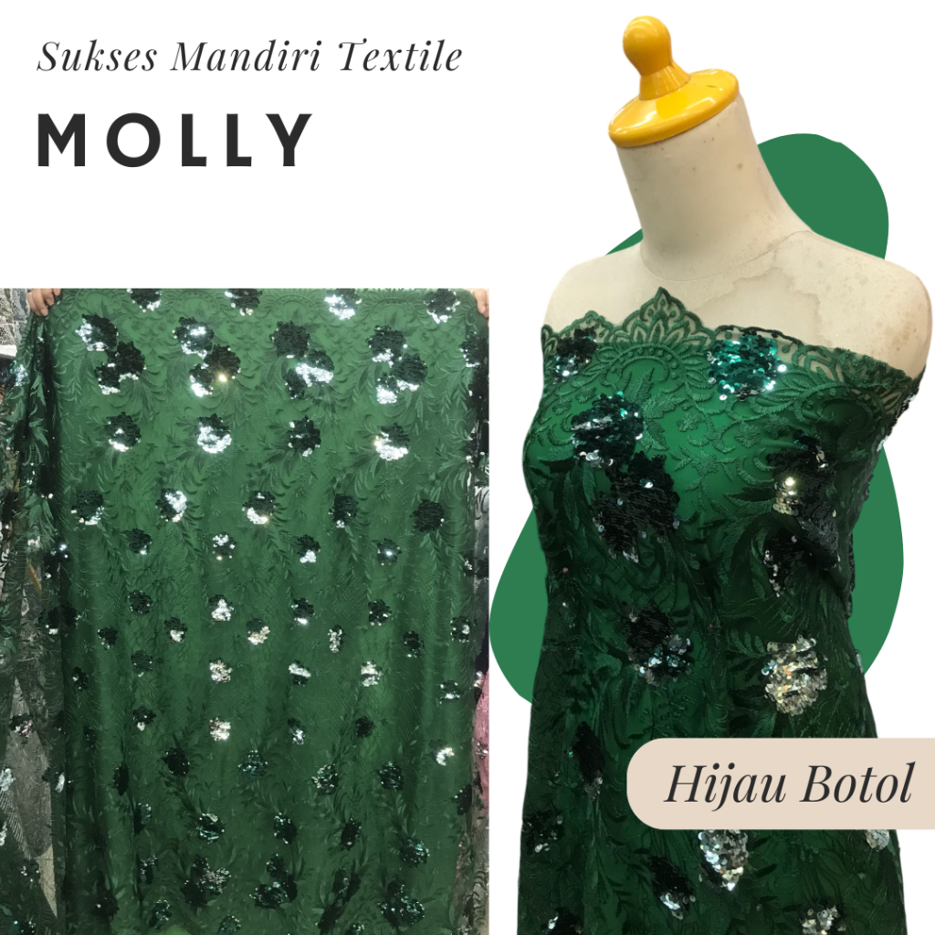 [MOLLY] Brokat Brukat Tile Payet Premium Mewah Warna Hijau Botol Green | Harga ½ meter = 50 cm (Baha