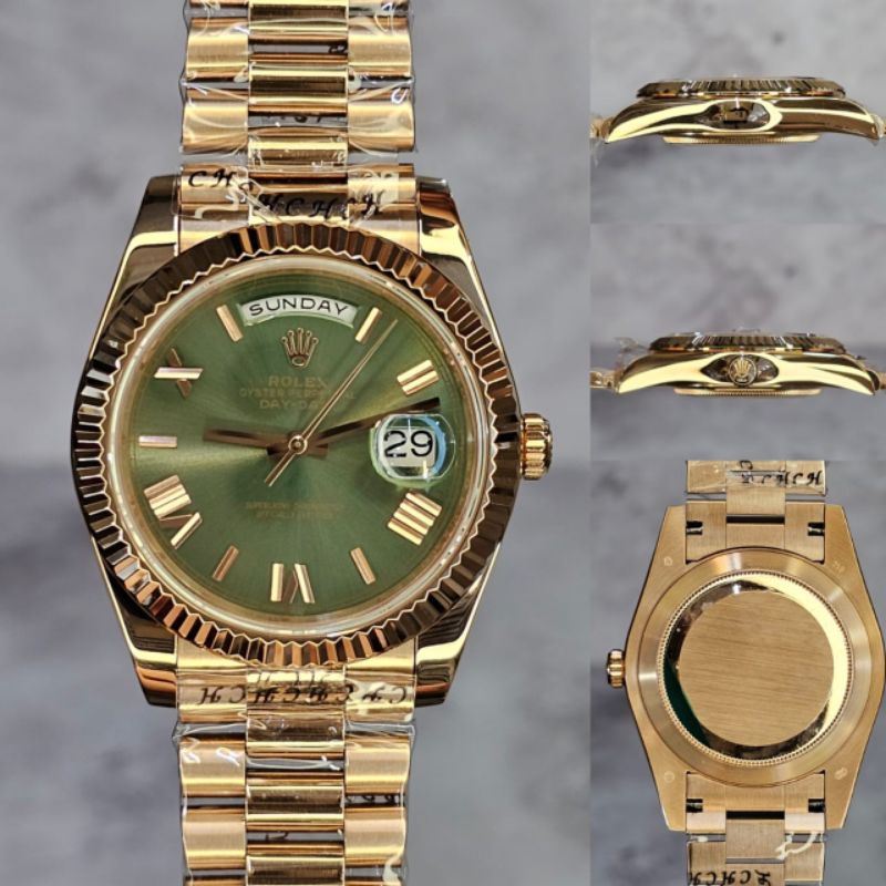 Jam Tangan Pria Rolex Daydate Autometic Warna Hijau Rosse Gold Body Swiss