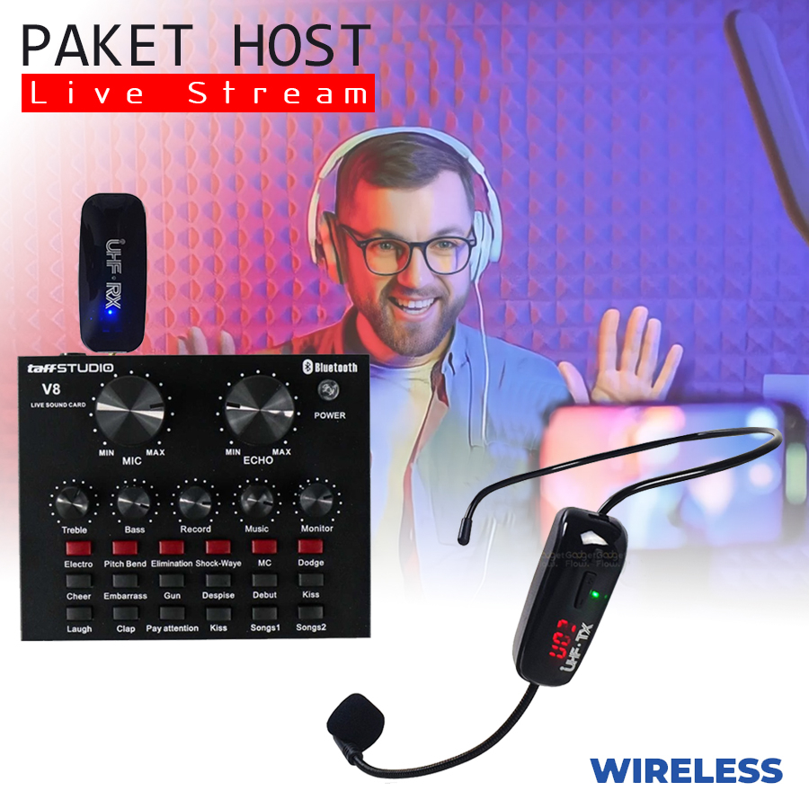 Paket Host live Stream Soundcard V8 Mic Wireless Head Bando