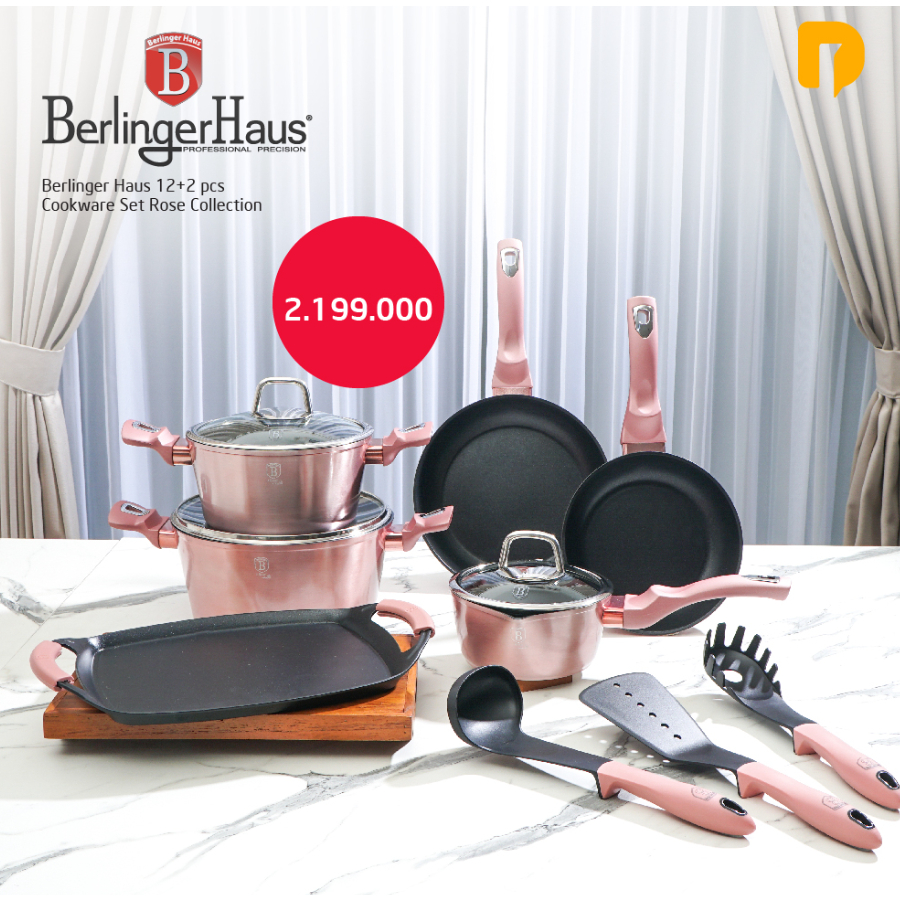 Panci Berlinger Haus 12+2 Pcs Cookware Set Rose Collection Panci Set Panci Premium Teflon Fry Pan Ca