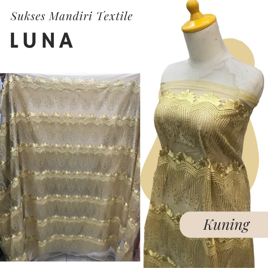 [LUNA] Brokat sulam 3D permata kuning| Harga ½ meter = 50 cm (Bahan Dress Bridesmaid, Kondangan, Keb
