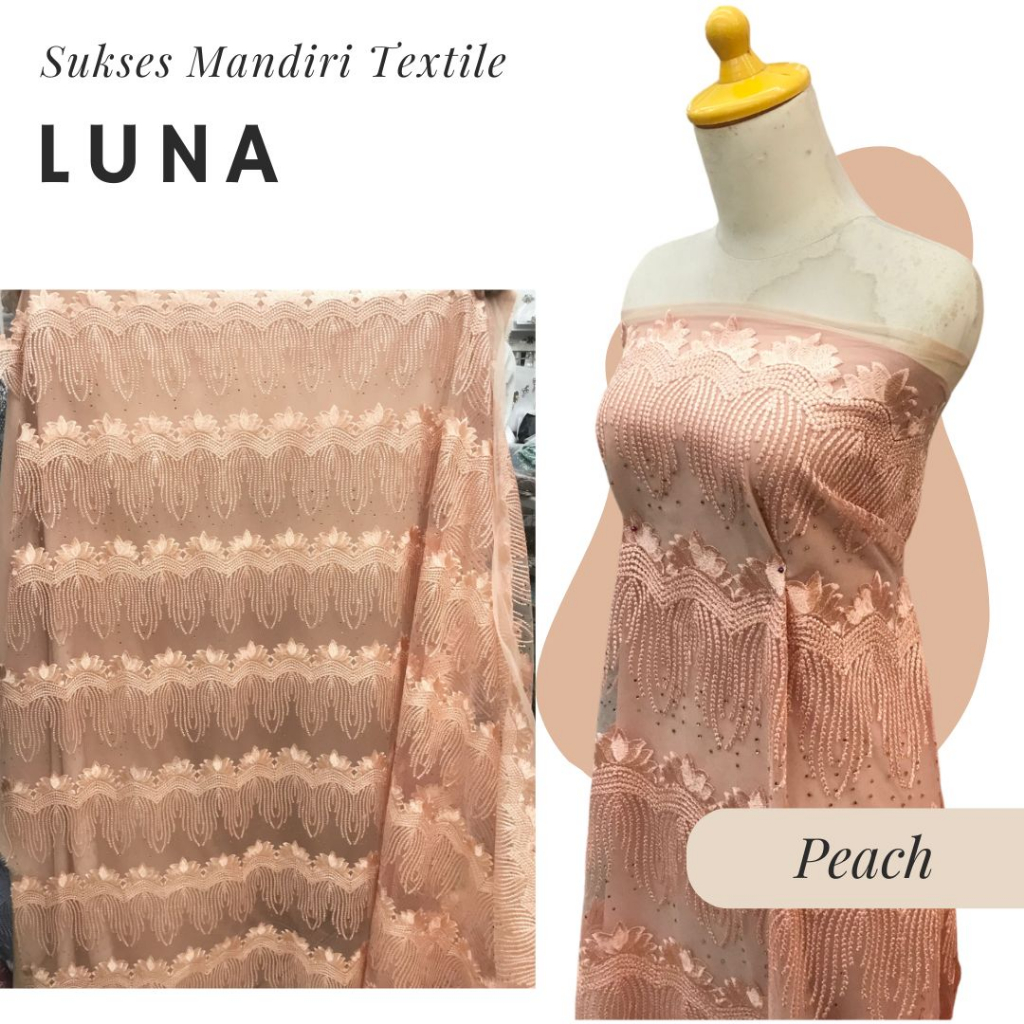 [LUNA] Brokat sulam 3D permata Peach | Harga ½ meter = 50 cm (Bahan Dress Bridesmaid, Kondangan, Keb