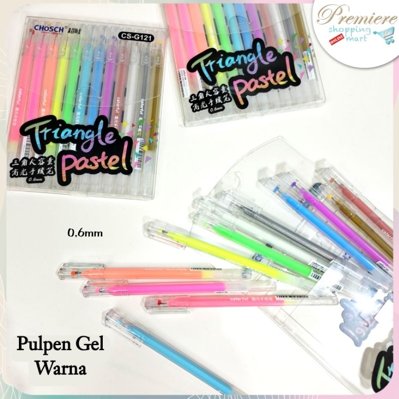 

Pulpen Gel Warna - Warni 1 Set isi 12pcs / Pen Colour Gel 0,6mm / Bolpoin Triangle Pastel