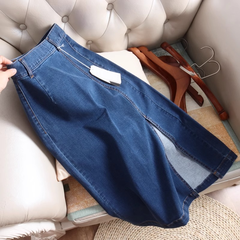 ANNE - Rok Denim Pinggang Tinggi Belahan Samping Wanita Korea