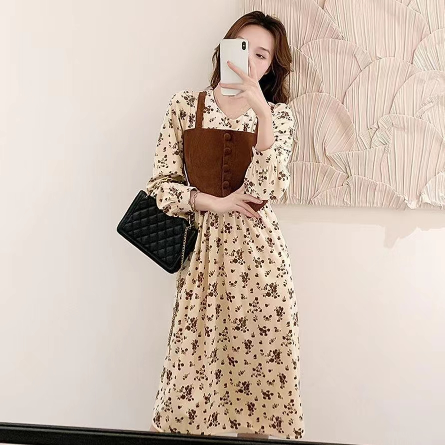 Dress Midi Bunga Retro Vintage Lengan Panjang Korea