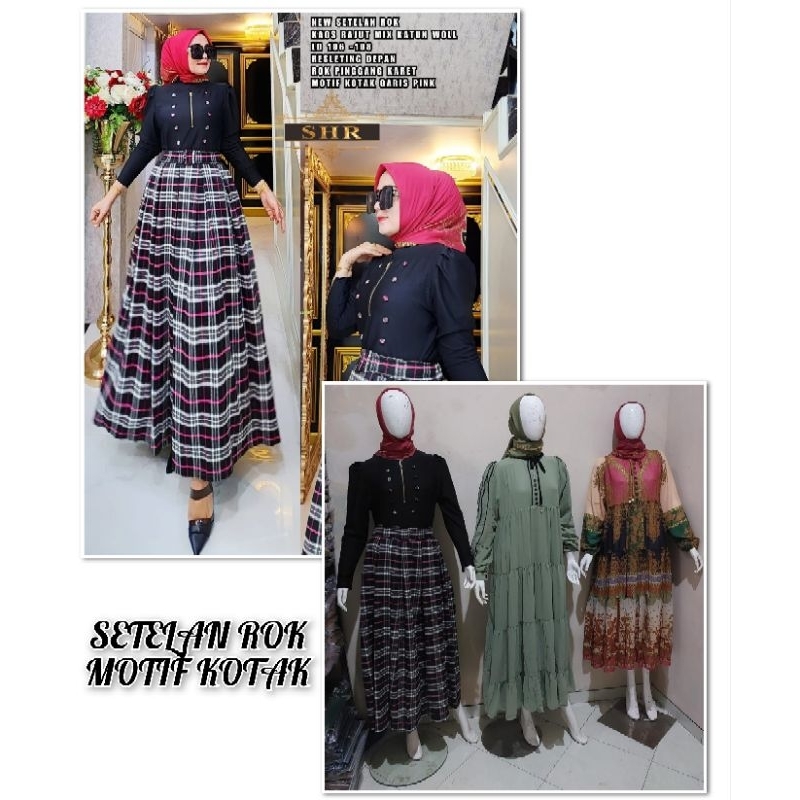 READY  COD  NEW SHR ORI 100% ONE SET SETELAN ROK kotak kaos rajut mix katun woll SYAHIRA