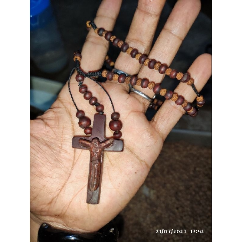 kalung Rosario galih kayu nagasari 5mm kombinasi jenitri rudraksha 3mm