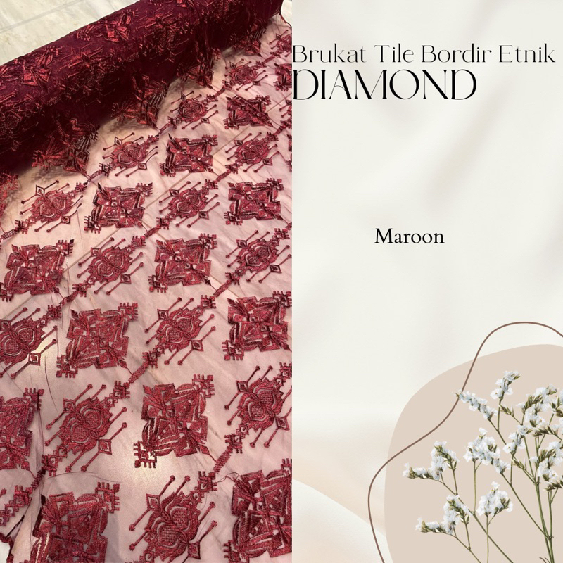 Bahan Kain Kebaya Brokat Tulle Mewah Motif Diamond Ala Keraton Warna Merah Maroon