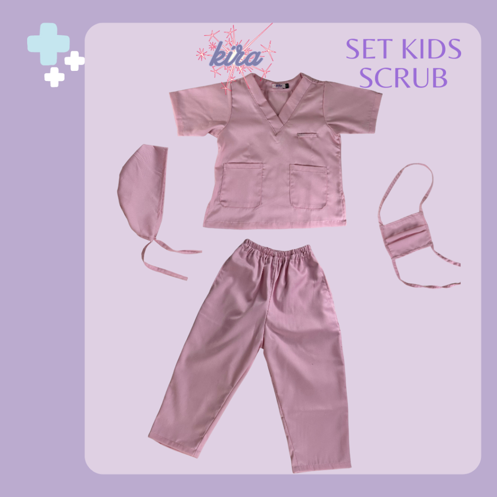 SET Basic V-Neck Scrub Anak/Baju Dokter Anak-anak/Baju Perawat Anak-anak/American Drill/Kira Scrub