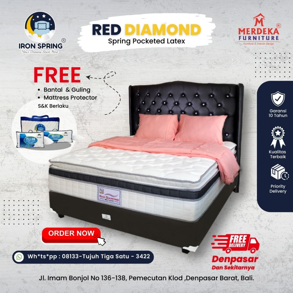 Kasur Iron Spring Red Diamond Spring Pocketed Latex- Spring Bed 160x200 - Free Bantal