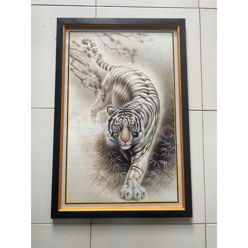 Hiasan Dinding Cetak lukisan macan putih plus bingkai