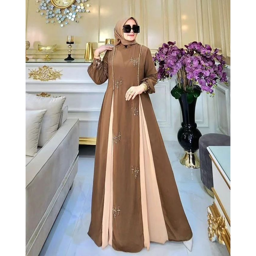 [YS Fashion] Azalia Dress M L XL Bahan Kain Ceruty Babydoll Aplikasi Mutiara Payet Baju Gamis Dress Kondangan Wanita Dewasa Remaja Ibu Ibu Pengajian Seragam Simple Elegan keikinian Lebaran Mewah Fashion Muslim Bayar Ditempat