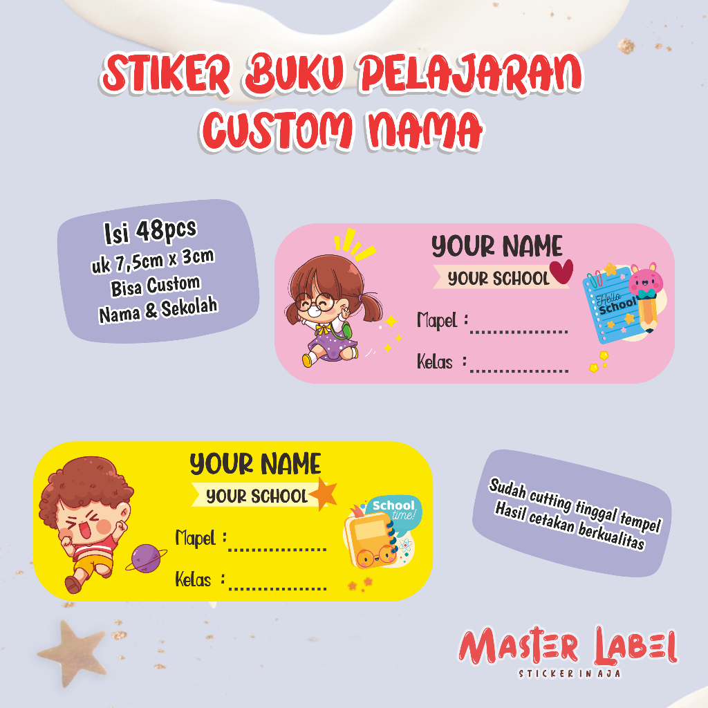 

Stiker nama custom PELAJARAN stiker nama buku ISI 48pcs