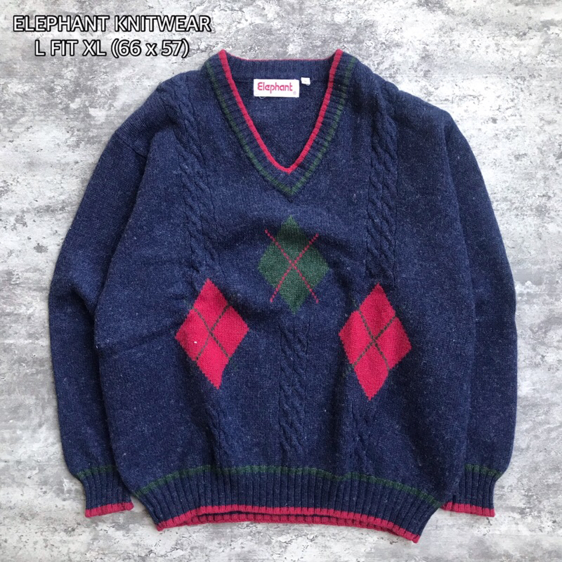 Elephant Jaket Knitwear Wol Navy Sweater Pria Scond Vintage