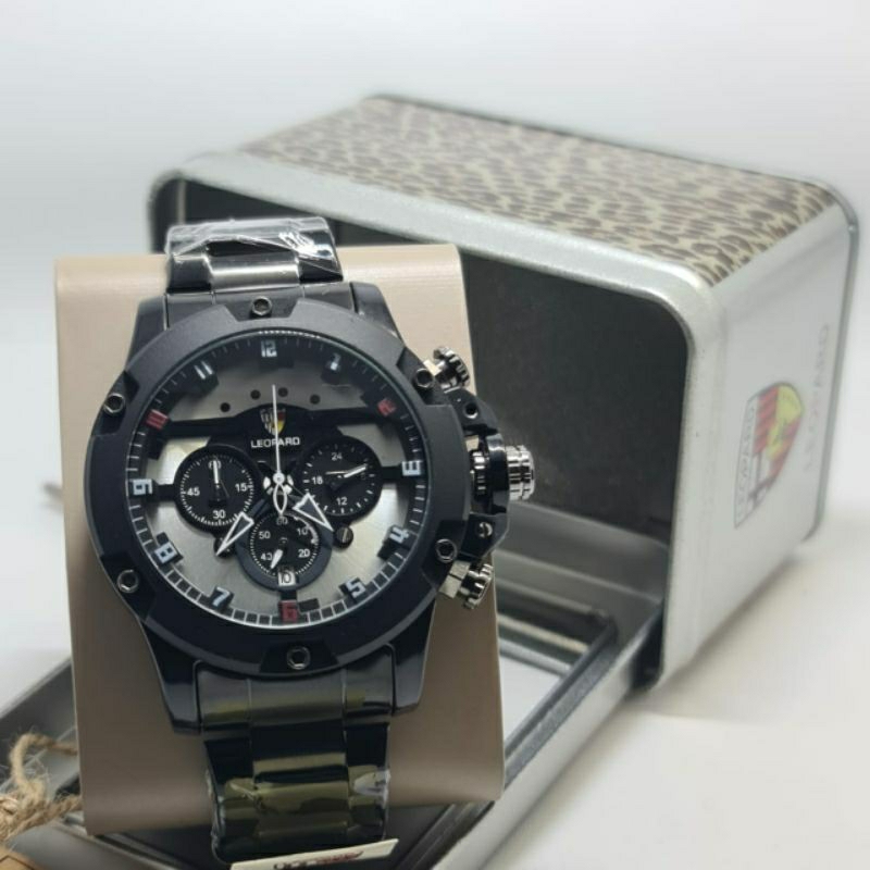 jam tangan pria Sport LEOPARD Rantai Silver Date Aktif Original