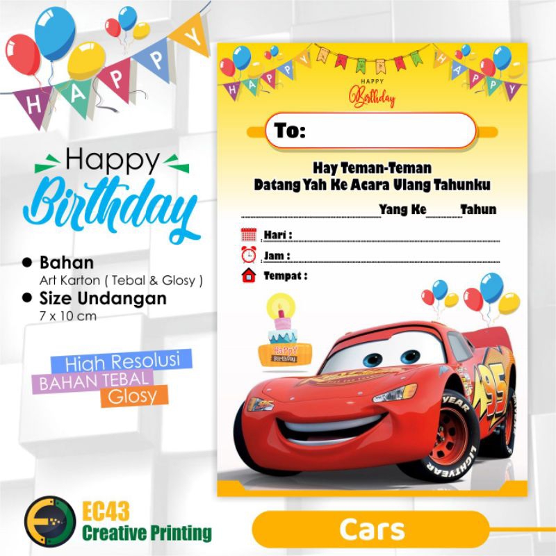 Undangan Ultah Anak Tema Cars Undangan Tema Mobil | Free Plastik Opp