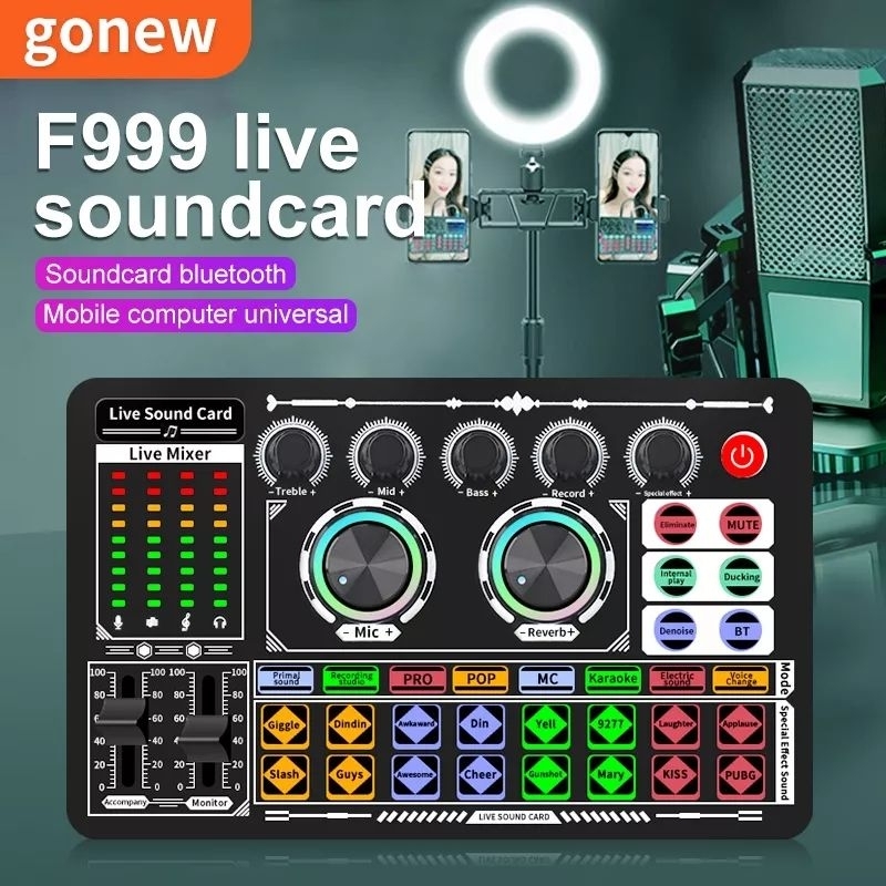 PAKET LENGKAP LIVE SOUNDCARD F999 BLUETOOTH WIRELESS + MICROPHONE CONDENSER M998