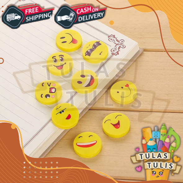 

TULAS_TULIS Penghapus Pensil Karakter Emoji Smile Bulat Lucu Set 4pcs