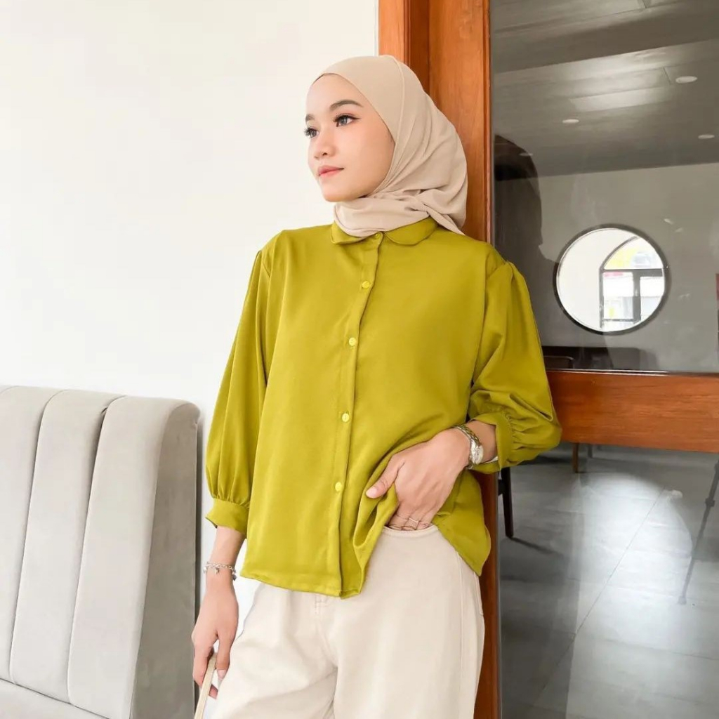 Blouse Wanita Bahan Shakila Lengan Balon Elze Kemeja Formal Shakilla Polos Premium