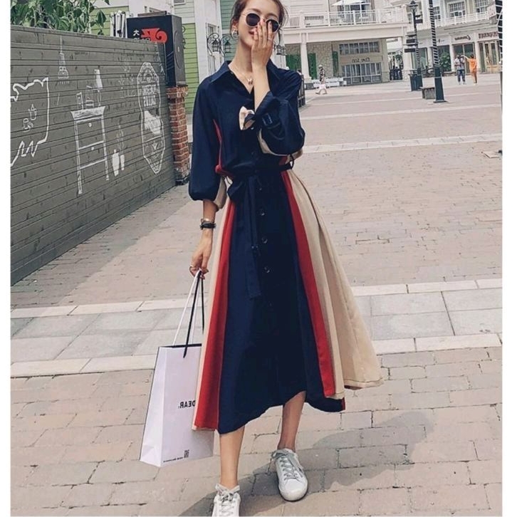 92921 (Set BELT) Baju Maxidress longdress PATCWORK MAXI DRESS Lengan panjang busui dres Korea Korean