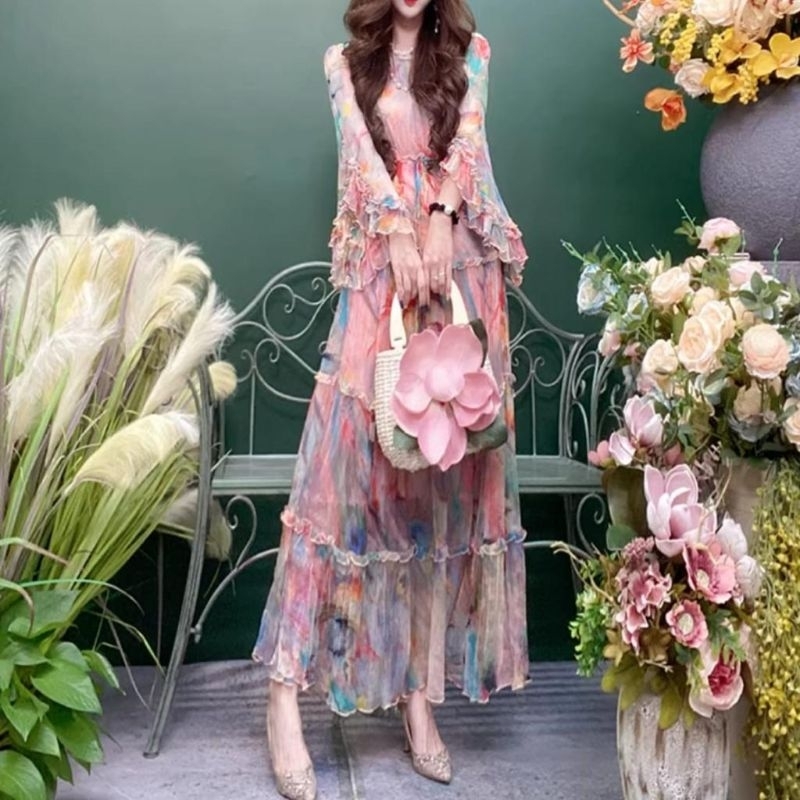 12518 Baju Maxidress longdress ASYMMETRIC TIERED REMPEL MAXI DRESS bunga flower dres Korea Korean lo