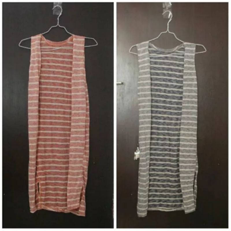 CARDIGAN RAJUT PANJANG LONG VEST MOTIF SALUR BAHAN KATUN TIPIS VINTAGE AESTHETIC WARNA ABU DAN MERAH