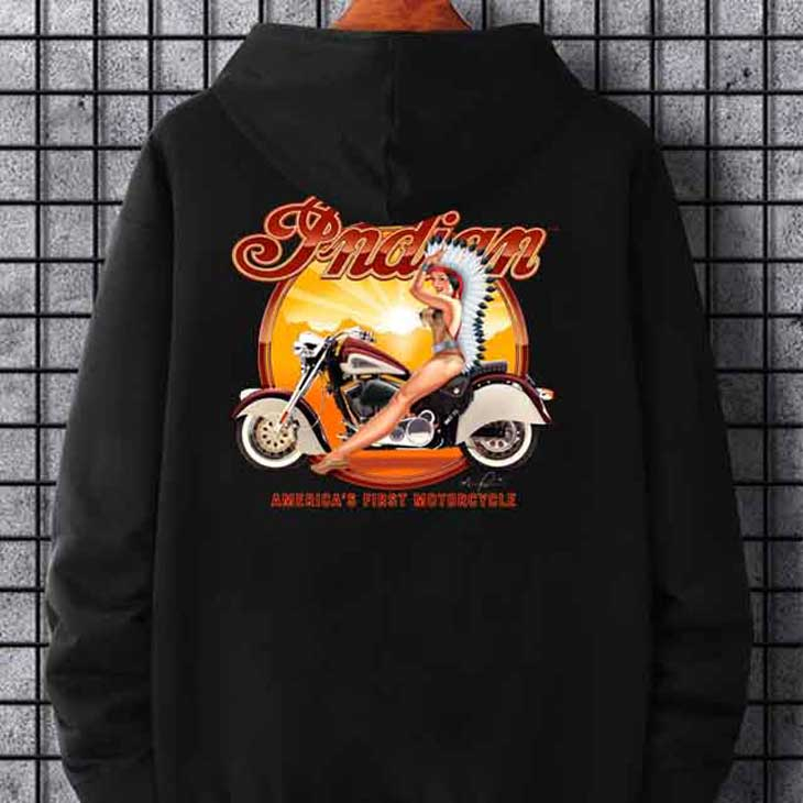 Jaket Hoodie Indian Motorcycle Hoodie Hitam Casual Unisex Bahan Katun