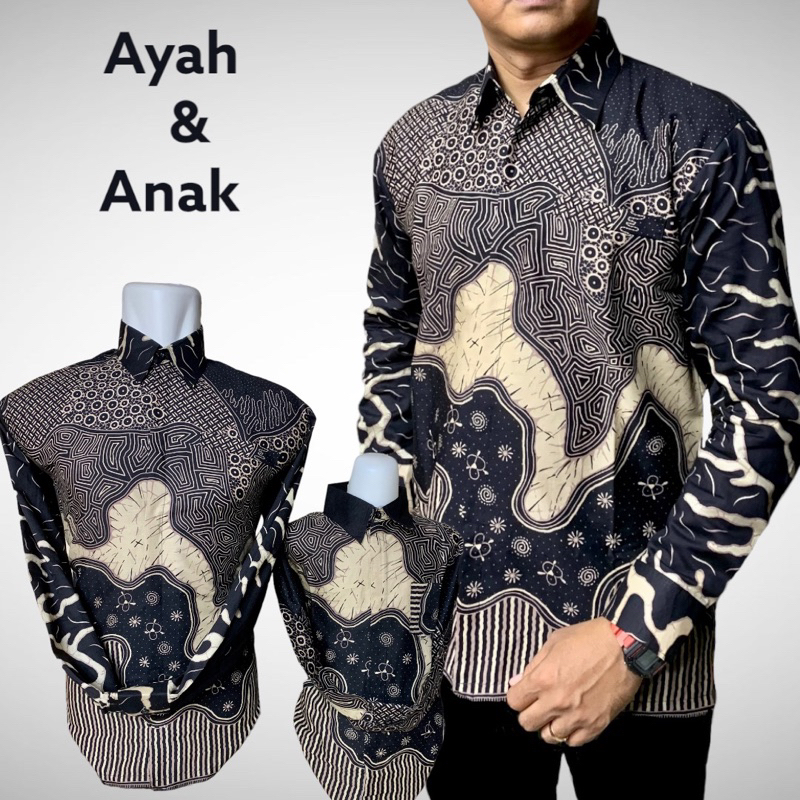 Batik warna hitam cream motif raja ampat couple ayah dan anak lapisan furing katun hero  hitam cream