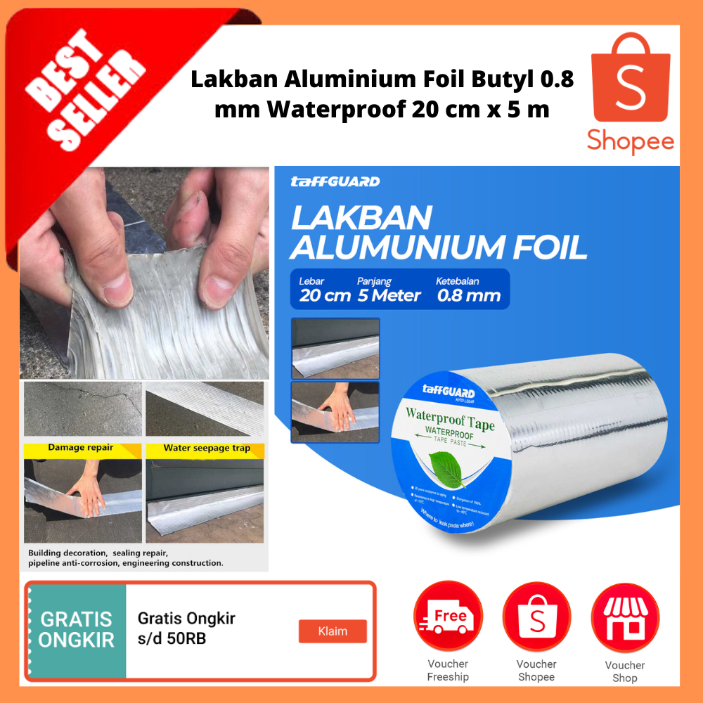 Lakban Aluminium Foil Butyl 0.8 mm Waterproof 20 cm x 5 m / Plester perekat reparasi antiair, stiker