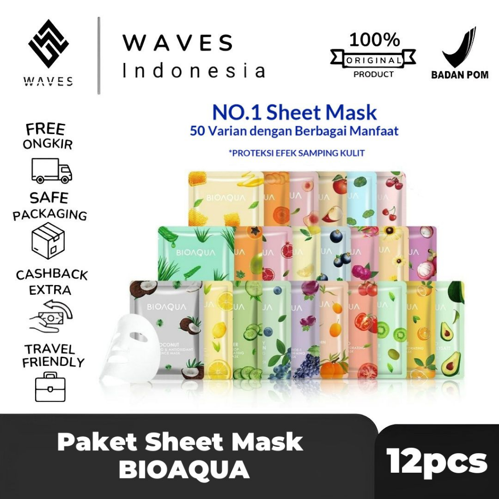 Waves - BPOM PAKET SHEET MASK BIOAQUA 12PCS / SHEET MASK BIOAQUA 12PCS / MASKER WAJAH SHEET MASK BIO