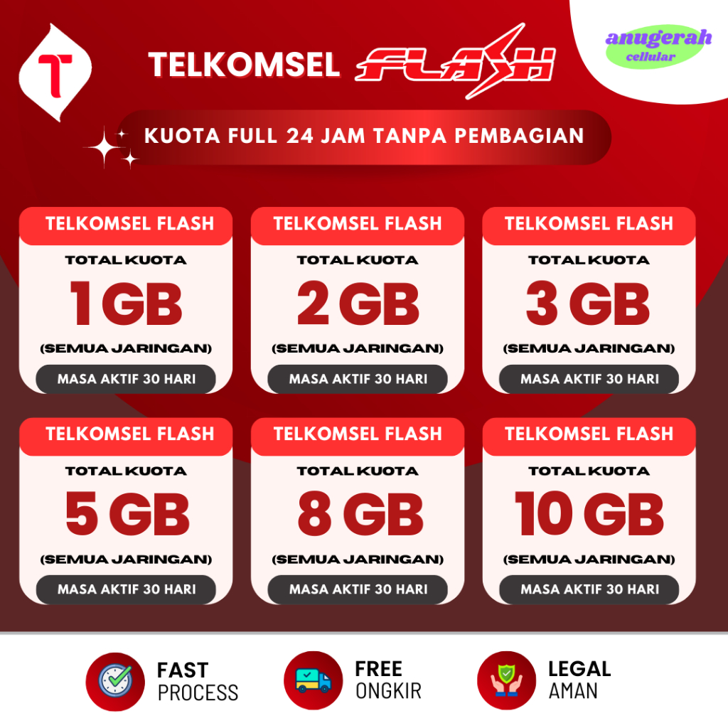 Paket Data | Kuota Telkomsel Flash 1GB - 10GB | 24 Jam Full All Jaringan | 30 Hari••