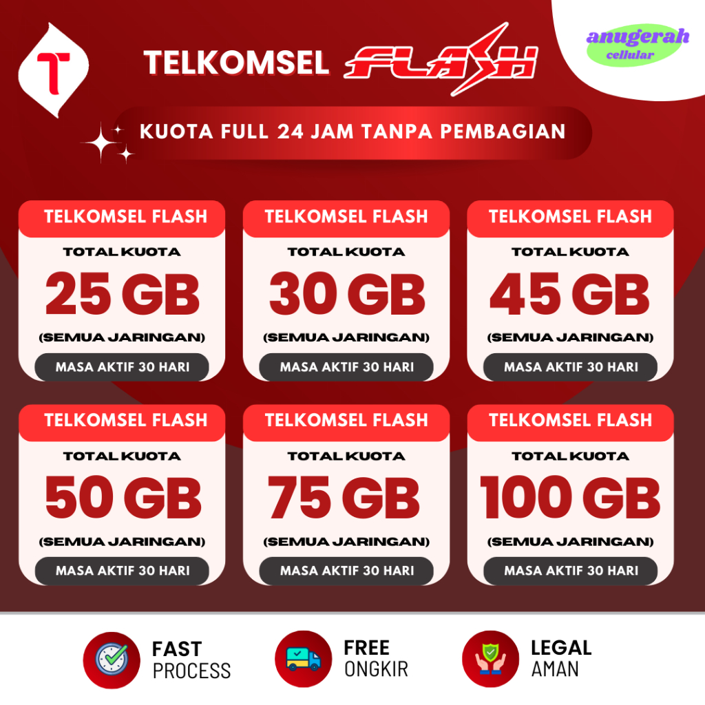 Paket Data | Kuota Telkomsel Flash 25GB - 100GB | 24 Jam Full All Jaringan | 30 Hari••
