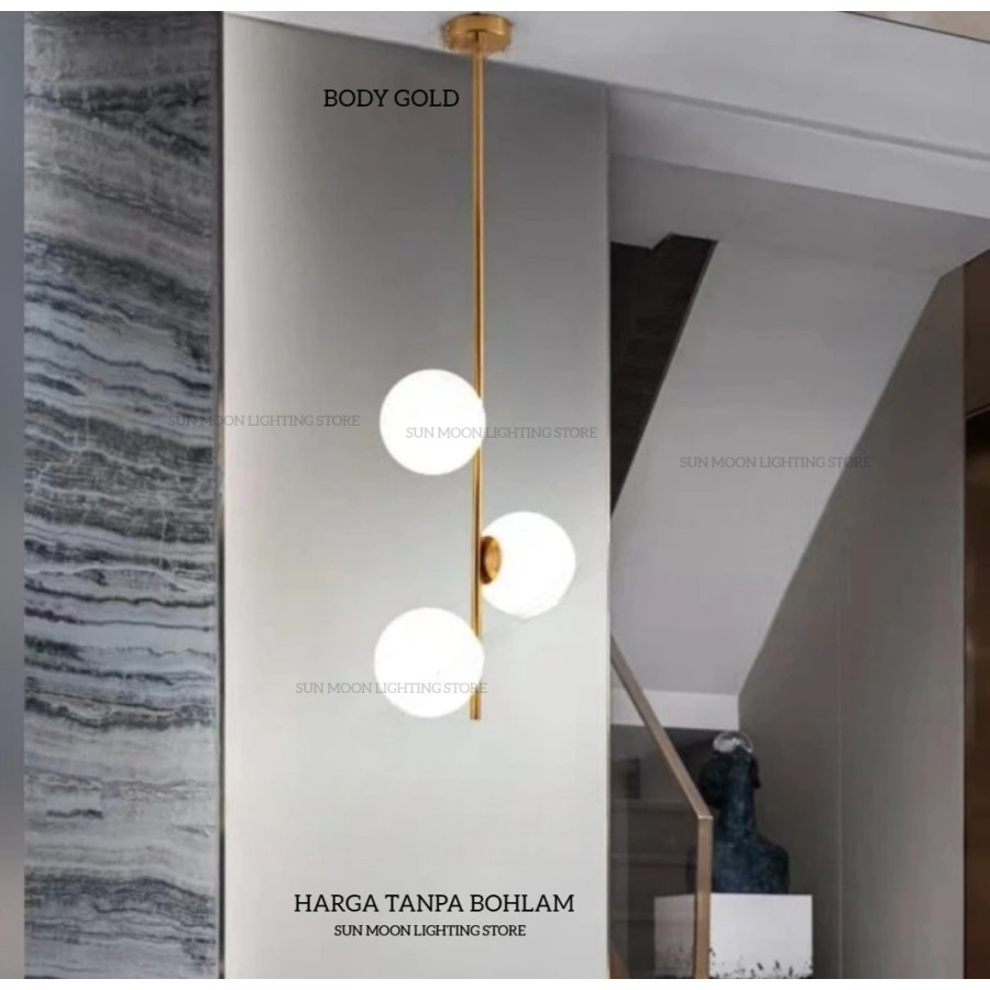 Lampu gantung minimalis gold kaca hias susu ruang tamu 3 lampu