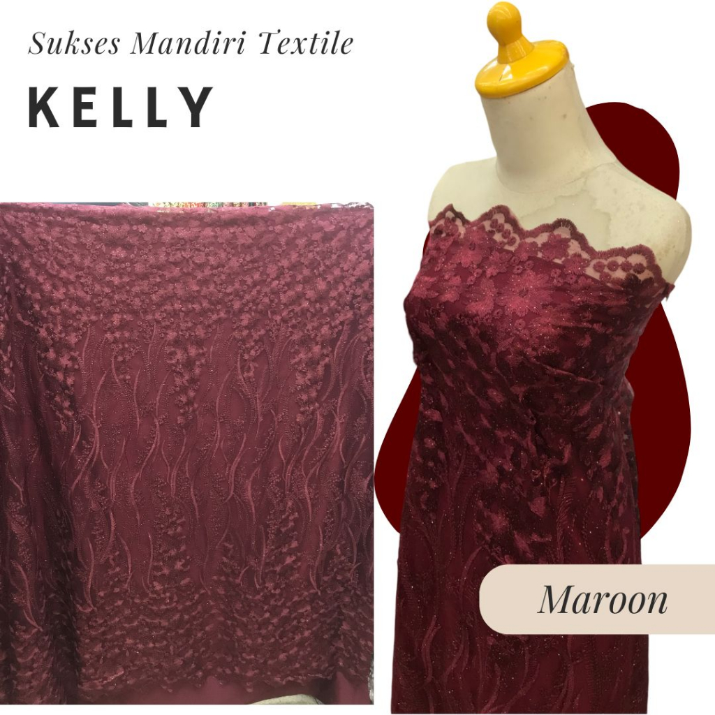 [KELLY] Kain Tille Brukat Cantik Mewah Merah Maroon | Harga ½ meter = 50 cm (Bahan Dress Bridesmaid,