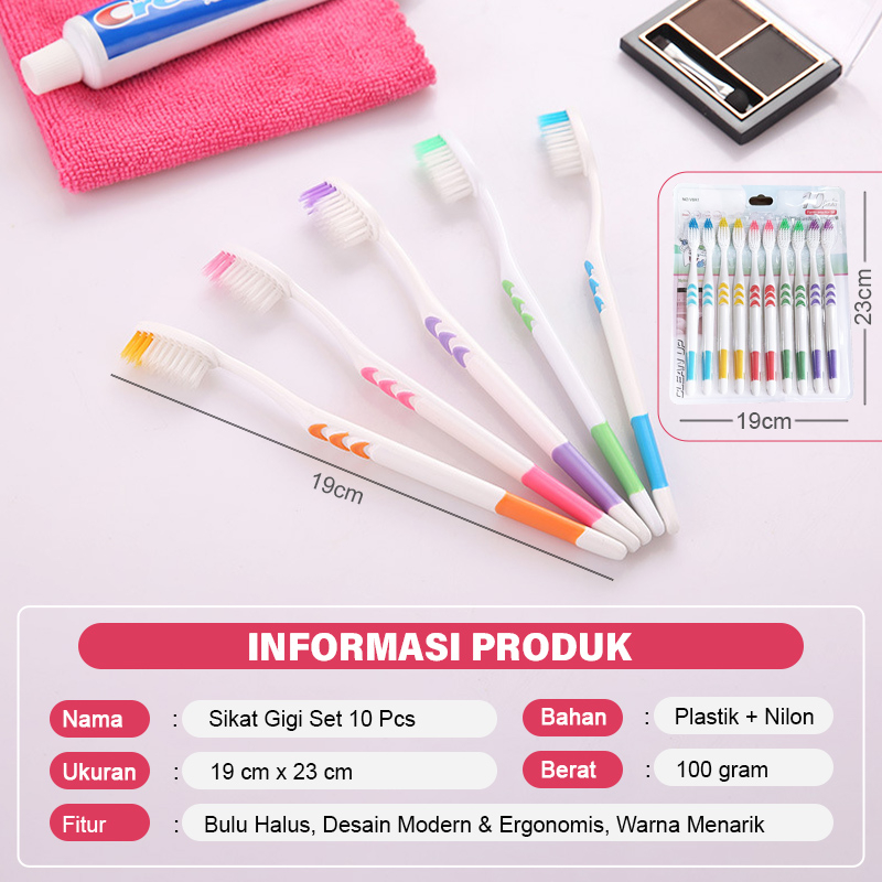 Sikat Gigi Dewasa 1 set Isi 10 Pcs Sikat Gigi Lembut / Sikat Gigi Warna / Travel Toothbrush Murah - V8A1-3