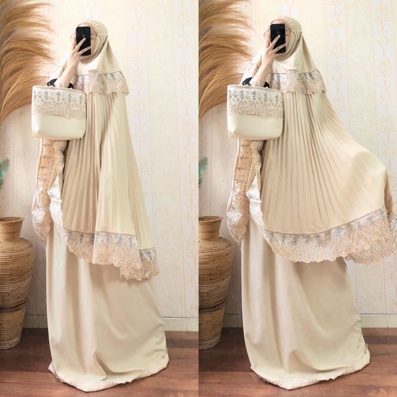 mukena plisket premium hantaran seserahan mewah keren cantik putih cream gold Lace renda Swarovski S