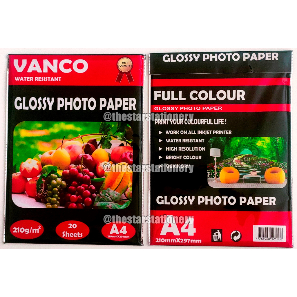 

( 1 Pack isi 20 Pcs ) Kertas Foto Glossy Vanco GP-230 A4 210 Gsm / Glossy Photo Paper Murah