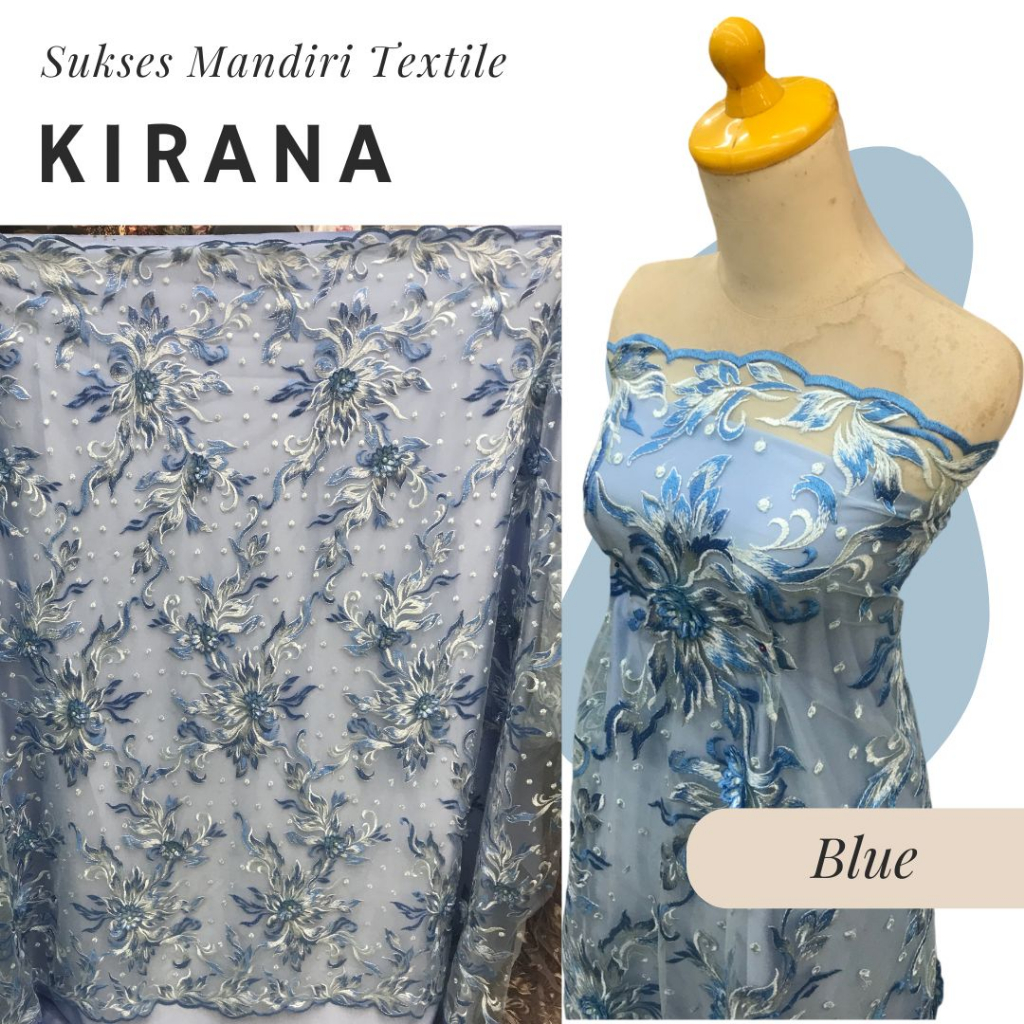 [KIRANA] Brokat lace 3D embroidery mutiara Biru blue | Harga ½ meter = 50 cm (Bahan Dress Bridesmaid