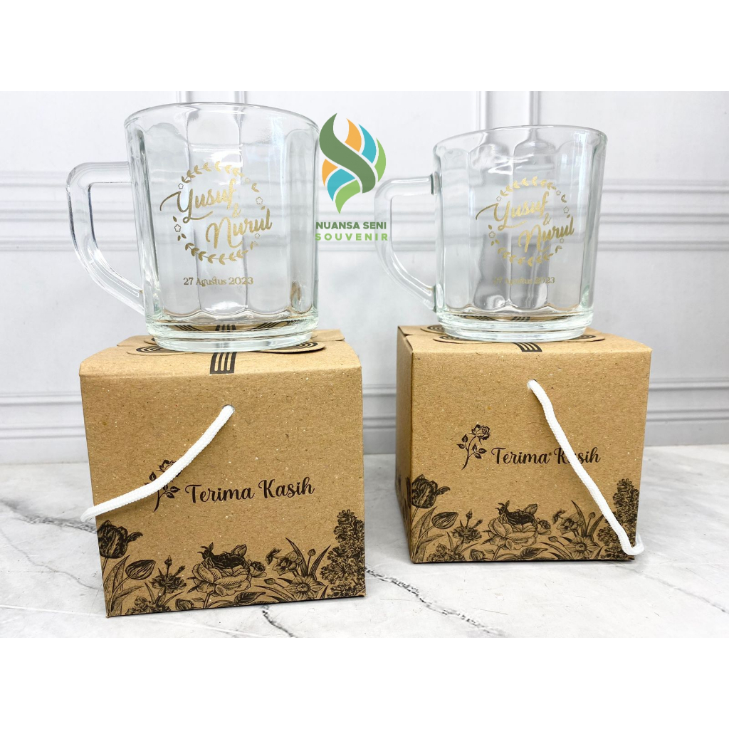 Souvenir Pernikahan Gelas CG Cangkir Minum Gagang Kaca Kecil Mug Kopi 200ml Gelas Cup Beling Sablon