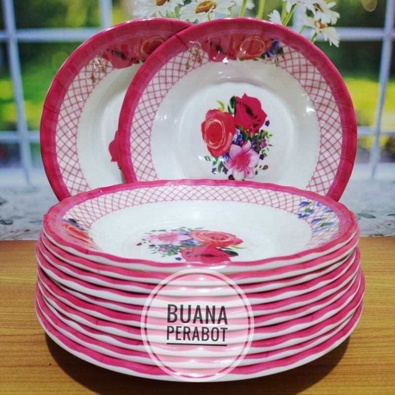 PROMO MURAH 12 PCS PIRING MAKAN MELAMIN TEBAL MOTIF BUNGA ROSE CANTIK