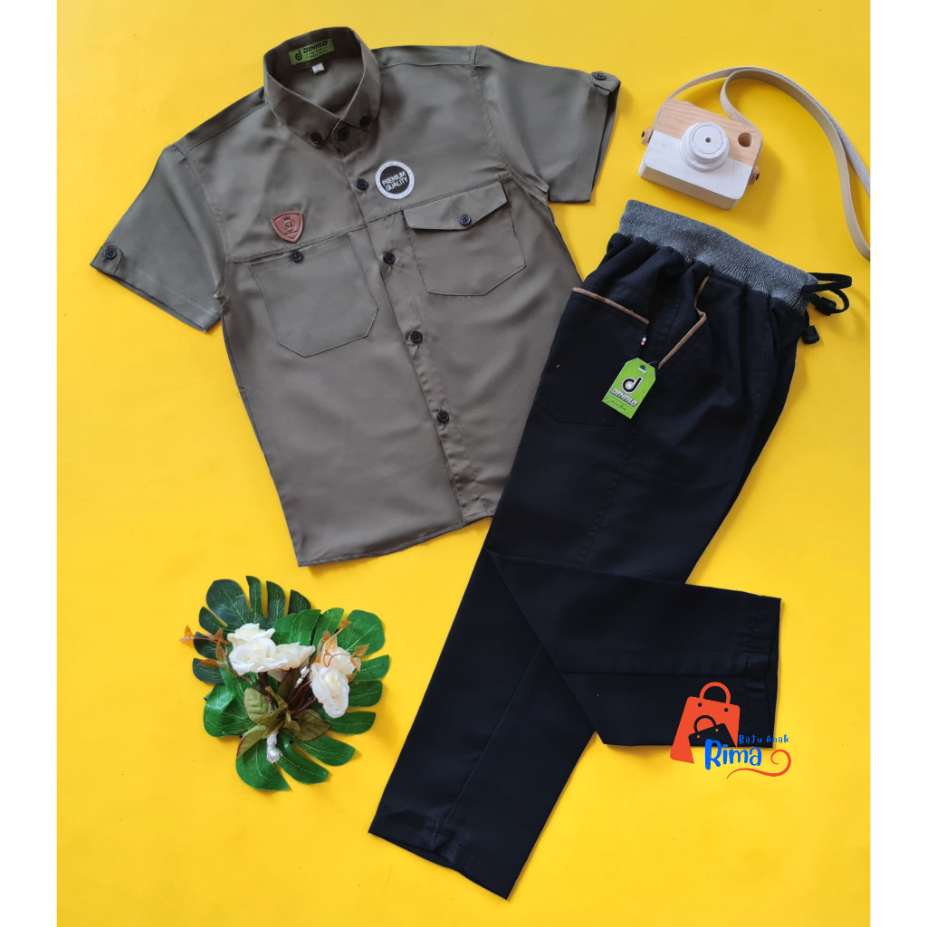 BISA COD//GRATIS ONGKIR//Tampil Trendy Dan Keren Setelan Kemeja Polos Lengan Pendek Double Pocket Anak Laki-laki Terbaik Celana Chinos Panjang Untuk Anak Usia 2-11 Tahun