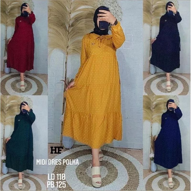 gamis midi motif polka katun rayon jumbo size XL