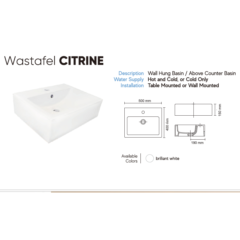 Wastafel Trilliunware Citrine Series / Westafel Kotak Keramik Putih Besar