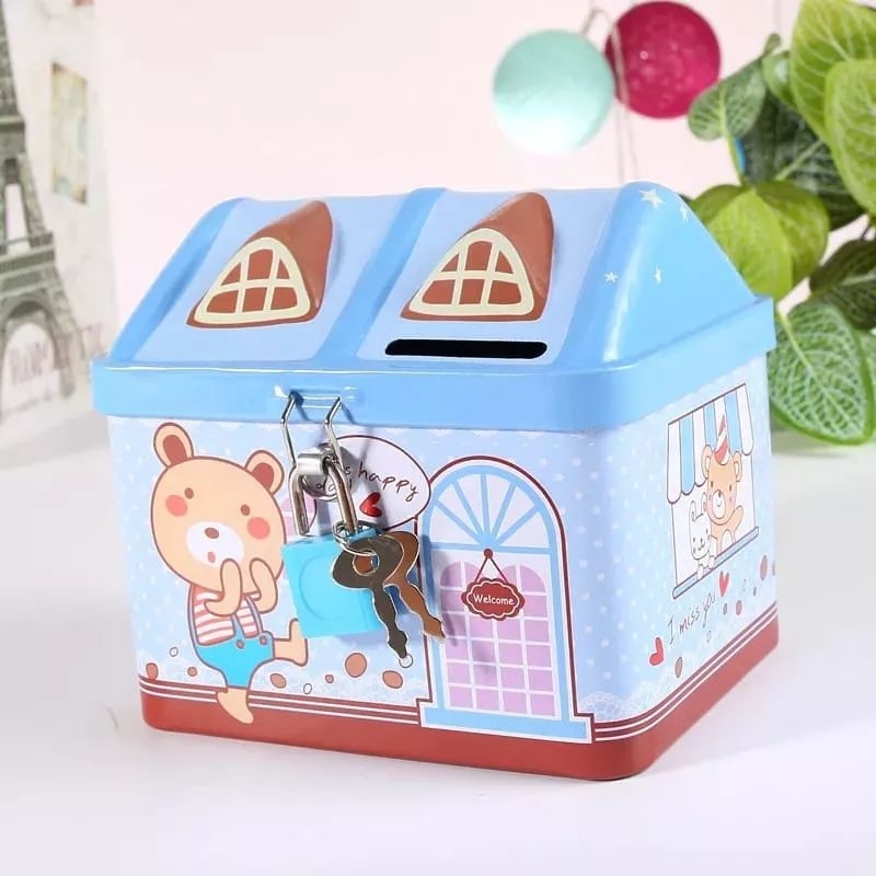 CELENGAN KALENG Kunci Mini SAVING BOX TEMPAT PENYIMPANAN UANG MOTIF RUMAH EZZY