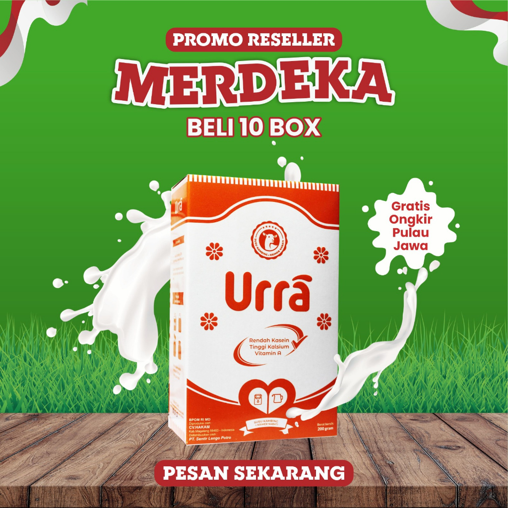 

[ PAKET RESELLER 10 BOX ] SUSU URRA - Susu Kambing Saneen Anti Bau Prengus Sumber Protein Serat Pangan Tinggi Kalsium Vitamin A Zat Besi Iodium - Halal BPOM 200Gram