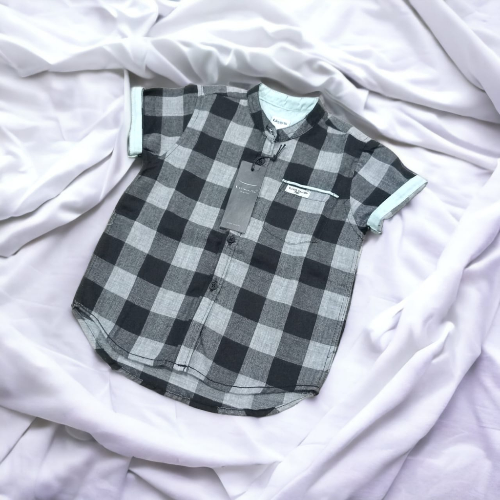 Kemko/Kemeja Koko Anak 1-13 Tahun Lengan Pendek Bahan Katun Flanel Abu Hitam Premium By LIBAS