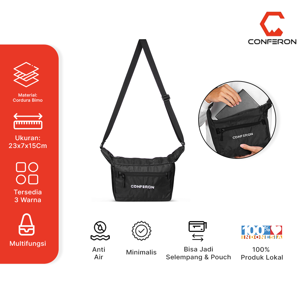 Conferon - Tas Simple Dompet Selempang 05  Bahan Cordura Resleting Warna Hitam Slingbag Untuk Segala