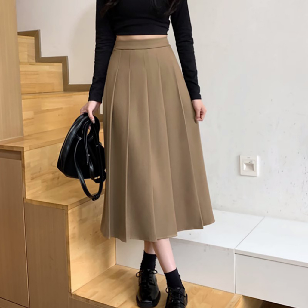 Rok A-line Dasar Korea Pinggang Tinggi Rok Panjang Hitam