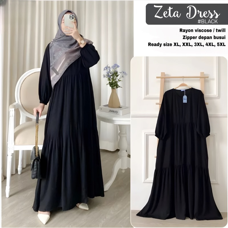 GAMIS POLOS ZETA Black Twill MAXY DRESS RAYON TWILL RAYON VISCOSE SUPER JUMBO LD 110 120 130 140 150 BEST SELLER BIG SIZE XL XXL 3XL 4XL 5XL Busui Ready Stock Termurah-Zeta Black Twill